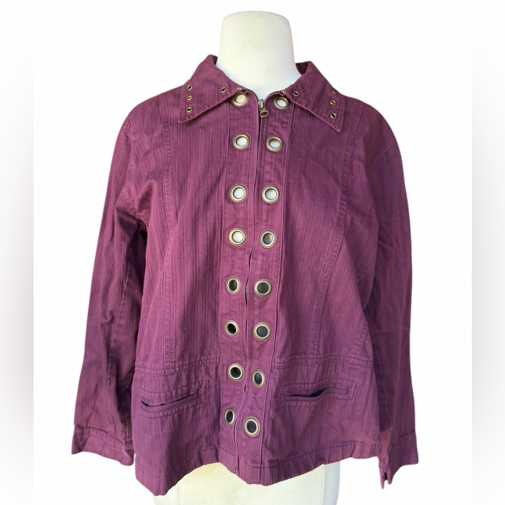1980s Keren Hart‎ 100% Cotton Deep Plum Full-Zip Brass Grommets Trim Jacket